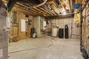 Unfinished basement with a water softener system, electric panel, and tankless water heater