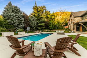 Swimming pool with a patio, a diving board, and view of wooded area