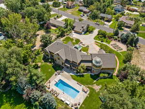 Aerial view of residential area with a pool