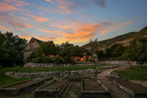 Yard at dusk with a vegetable garden