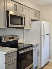 Kitchen with stainless steel appliances, light hardwood / wood-style flooring, and gray cabinetry