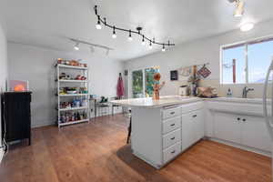 Kitchen with rail lighting, a peninsula, light wood-style floors, and light countertops