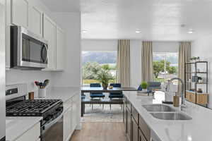 Kitchen with stainless steel appliances, light wood-type flooring, light countertops, white cabinetry, and recessed lighting