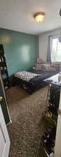 Carpeted bedroom with a textured ceiling