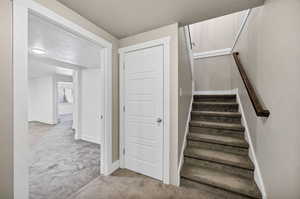 Stairway featuring carpet and a textured ceiling