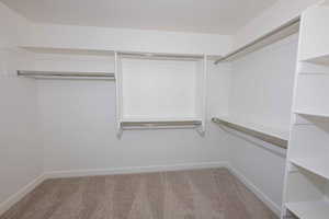 Spacious closet featuring light colored carpet