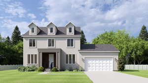 View of front of house with roof with shingles, an attached garage, driveway, and stucco siding