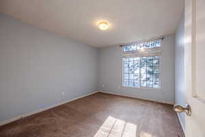 Unfurnished room with carpet and a textured ceiling