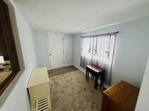 Office space featuring a textured ceiling and carpet