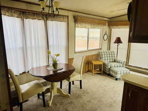 Dining room featuring wooden walls, crown molding, a textured ceiling, a wainscoted wall, and light colored carpet