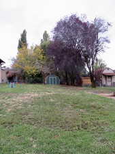 View of yard featuring a storage unit