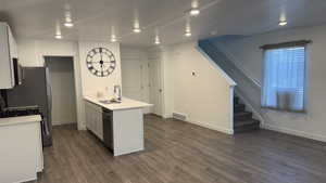 Kitchen featuring white cabinets, recessed lighting, dark wood-style flooring, a peninsula, and stainless steel appliances