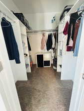 Spacious closet with dark colored carpet