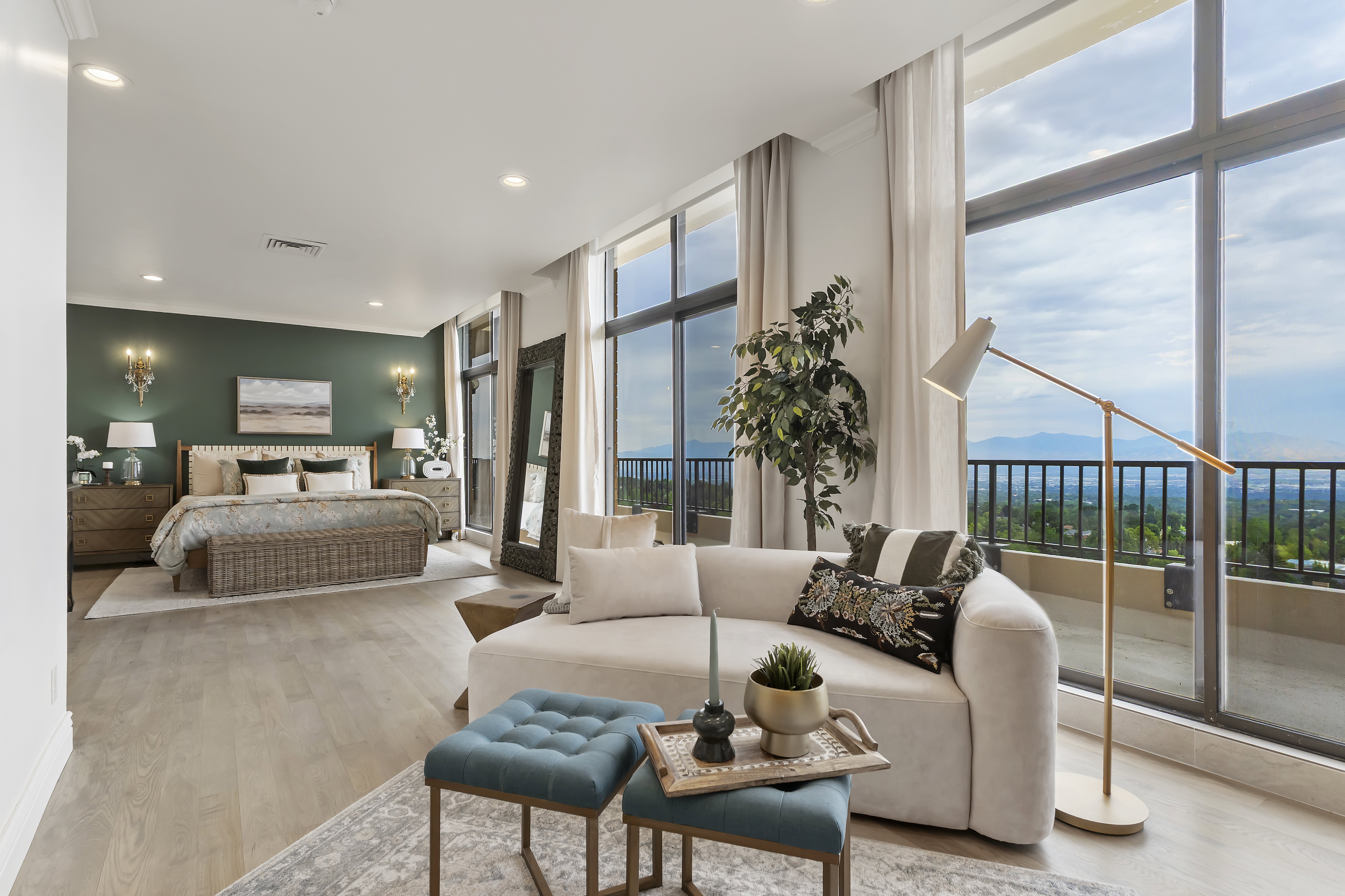 Bedroom with wood finished floors, recessed lighting, access to outside, expansive windows, and ornamental molding