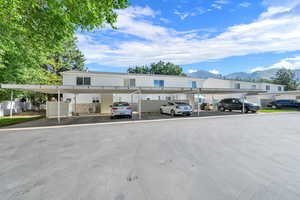 Covered parking lot with a mountain view