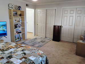 Bedroom with carpet, two closets, and crown molding
