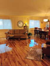 Living room featuring wood finished floors, ornamental molding, and a chandelier