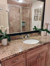 Full bath with vanity and a stall shower