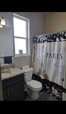 Full bathroom with toilet and vanity