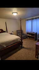 Carpeted bedroom with a textured ceiling