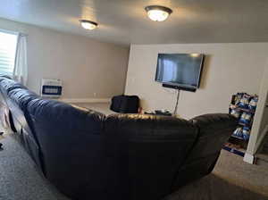 Carpeted living room featuring heating unit and a textured ceiling