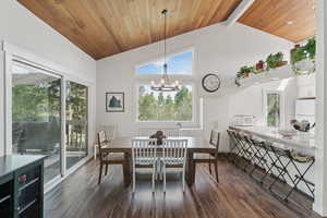 Dining room with healthy amount of natural light, dark wood-type flooring, a chandelier, high vaulted ceiling, and a wooden ceiling with exposed beams