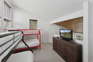 Carpeted bedroom featuring lofted ceiling and multiple windows
