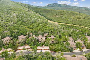 Aerial perspective of suburban area with mountains