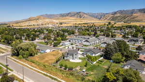 Aerial view of residential area with mountains