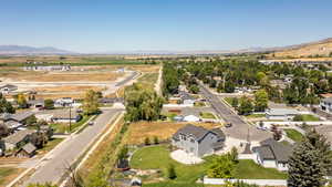 Aerial view of residential area with a mountainous background