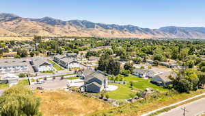 Aerial perspective of suburban area with mountains