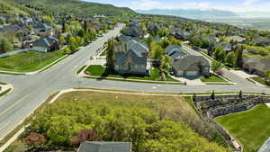 Aerial view of residential area with a mountain backdrop