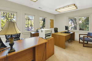 Office area featuring light colored carpet and crown molding