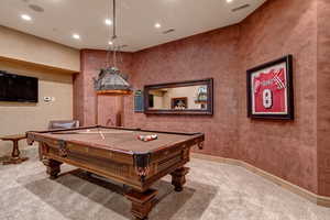 Recreation room featuring pool table, recessed lighting, and carpet floors