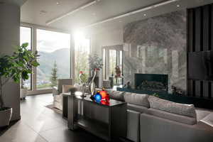 Community lobby with a mountain view and expansive windows