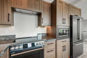 Kitchen featuring stainless steel appliances and dark stone counters