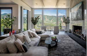 Living room featuring a fireplace, a mountain view, and healthy amount of natural light