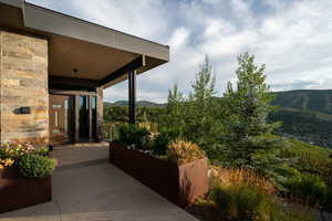 View of patio featuring a mountain view
