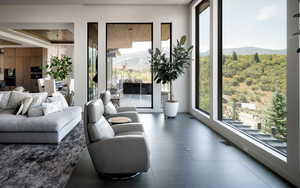 Living room with plenty of natural light and a mountain view