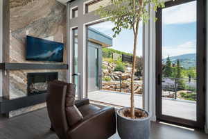 Doorway with a glass covered fireplace