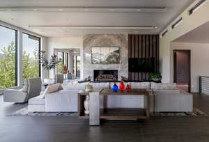 Tiled living area with a premium fireplace