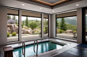 View of pool featuring a mountain view and a hot tub