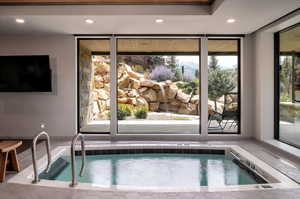 View of swimming pool with a jacuzzi