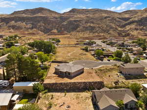 Aerial view of residential area with mountains