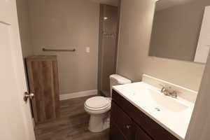 Full bath featuring vanity, a shower, and dark wood-style floors