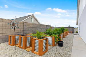 Fenced backyard with a garden