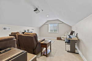 Cinema room featuring light carpet, vaulted ceiling, and a textured ceiling