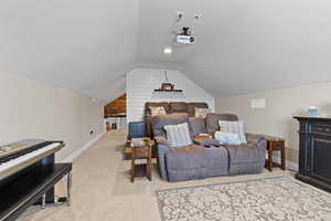 Cinema with light carpet, vaulted ceiling, and a textured ceiling