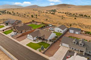 Aerial view of residential area with mountains