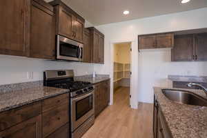 Kitchen with stainless steel appliances, light wood-style flooring, dark brown cabinets, dark stone countertops, and recessed lighting